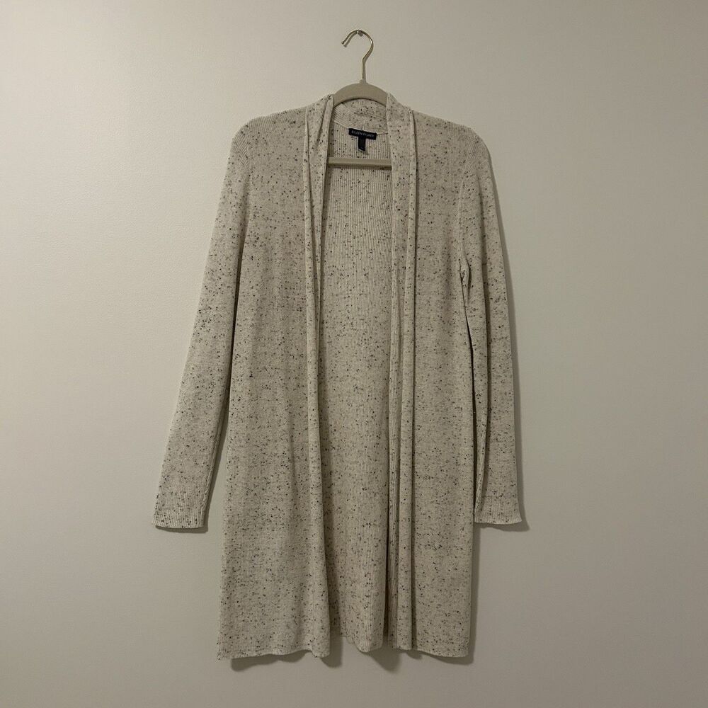 Eileen Fisher Long Cardigan Speckled Knit White Black - Size Small